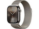 Apple Watch Series 10 (2024), GPS + Cellular, 46 mm, Doppeltipp-Geste, Gehäuse aus Natur-Titan, Armband aus Natur-Milanaise, Größe S/M