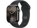 Apple Watch Series 10 (2024), GPS + Cellular, 42 mm, Doppeltipp-Geste, Gehäuse aus Titan in Schiefergrau, schwarzes Sportarmband, Größe M/L