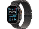 Apple Watch Ultra 2 (2024), GPS + Cellular, 49 mm, Gehäuse aus schwarzem Titan, Doppeltipp-Geste, Milanaise-Armband aus schwarzem Titan, Größe L
